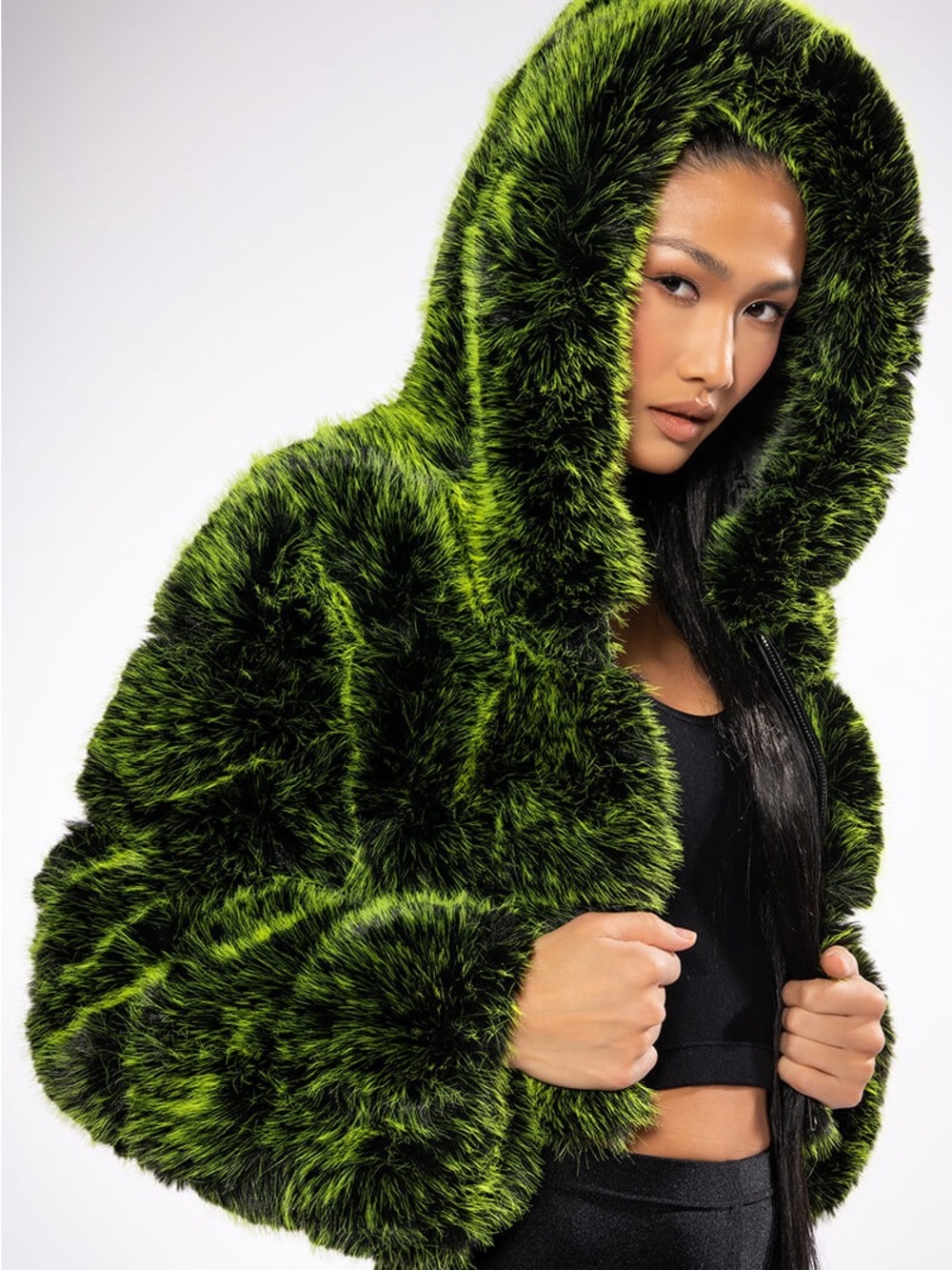 Azalea Wang nwt L Women's Vibrant Green Faux Fur Hooded Teddy Jacket coat thick - Picture 3 of 16